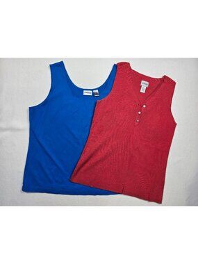 Chicos Size 3 Blue Tank & Red Silk Blend Ribbed Henley Top XL